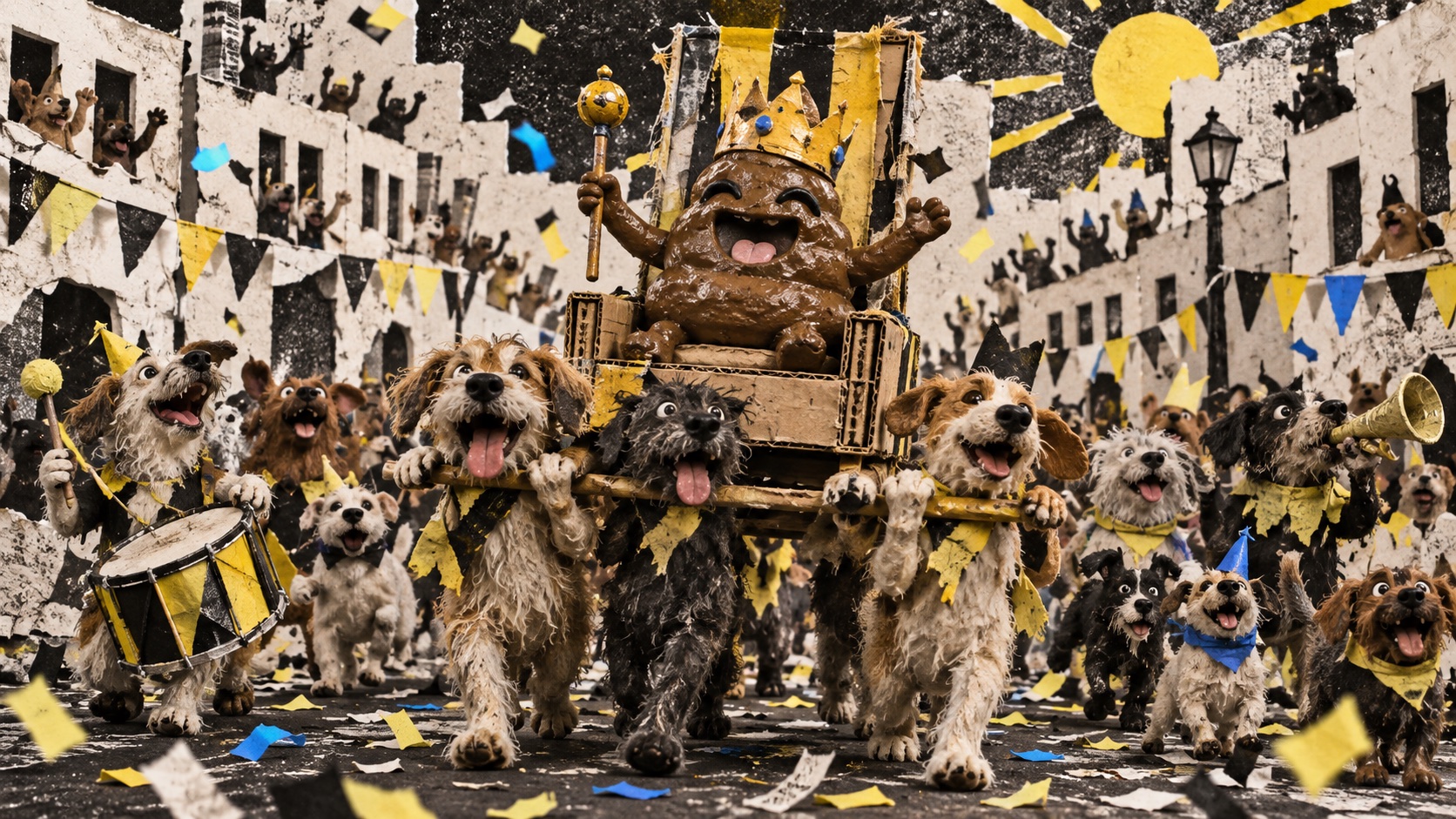 A parade of scruffy dogs carrying a crowned muddy mascot on a cardboard throne