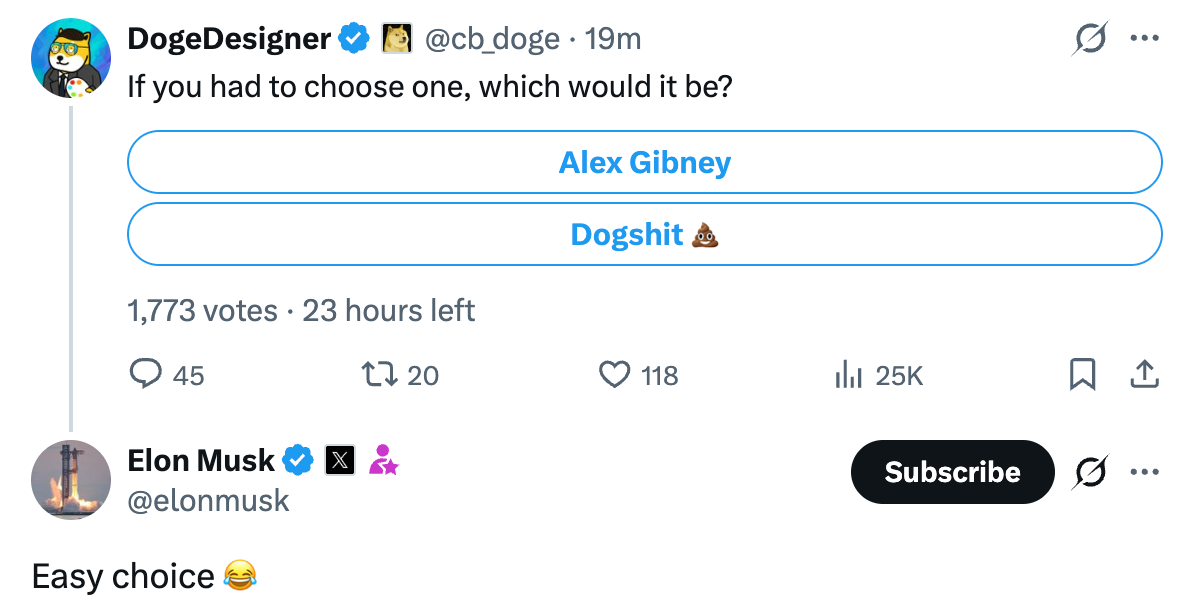 Screenshot of an online poll where Elon Musk replies Easy choice to Dogshit