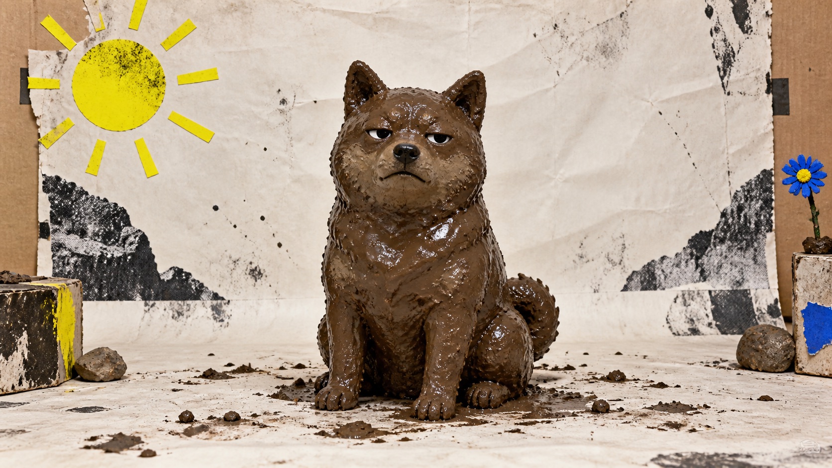 A deadpan muddy dog mascot in a cheap studio