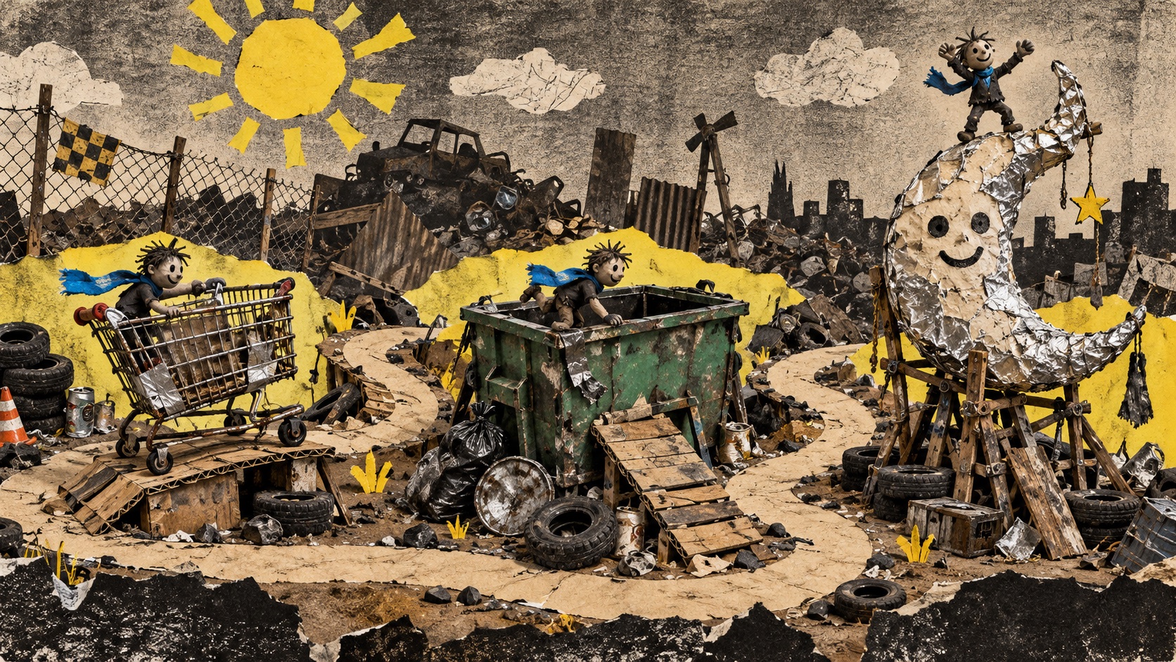 A paper collage roadmap through a shopping cart, dumpster and wonky moon