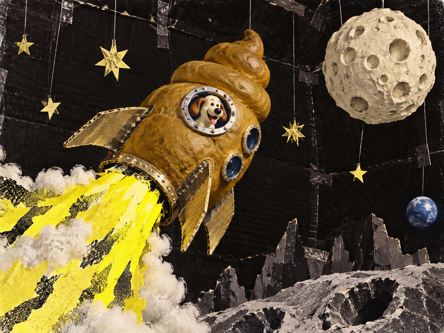 A golden brown poop-shaped rocket blasting toward a cardboard moon