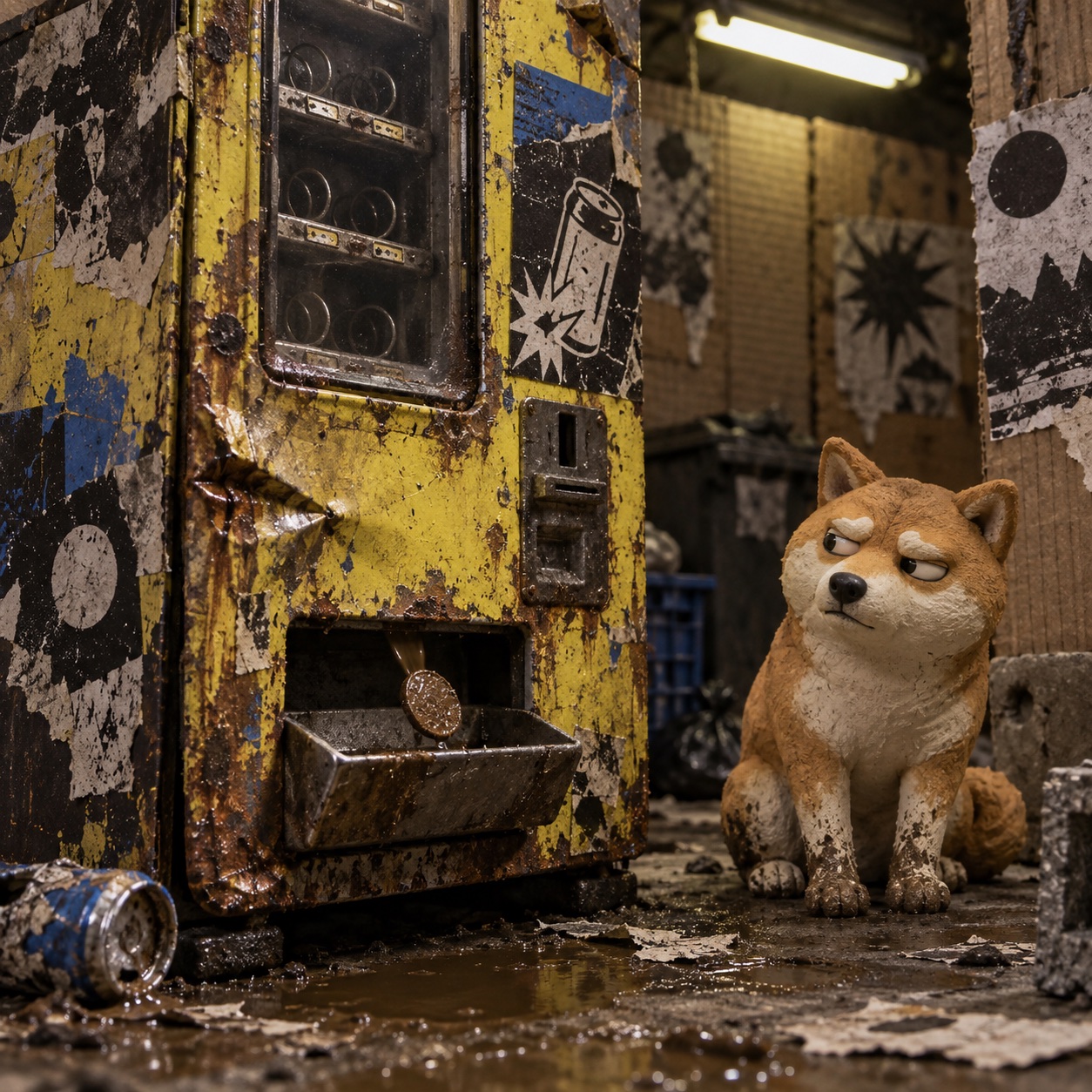 A broken vending machine dispensing one muddy coin to a skeptical dog